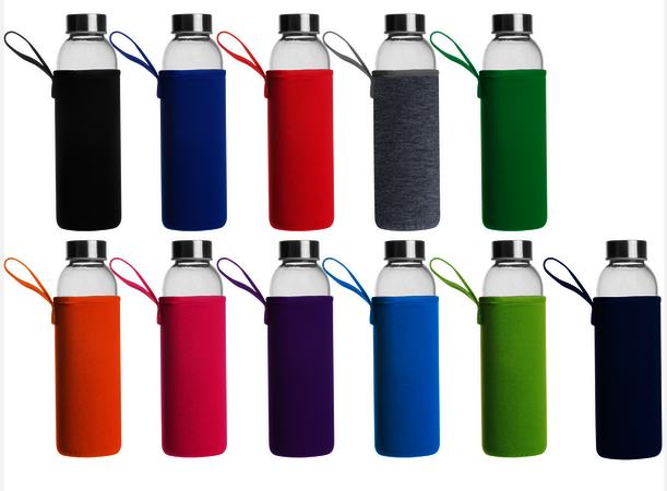 Glasflasche in  Neopren-Schutzhülle in 11 Farben inkl. Ihrem Logo