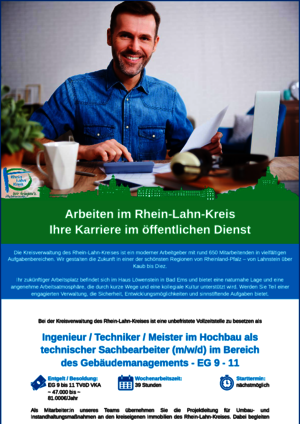Rhein-Lahn-Kreis sucht Ingenieur / Techniker / Meister im Hochbau als technischer Sachbearbeiter (m/w/d) im Bereich des Gebäudemanagements