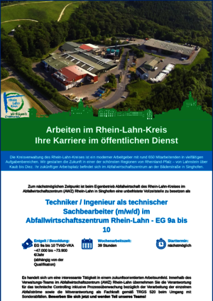 Abfallwirtschaft des Rhein-Lahn-Kreises sucht Techniker / Ingenieur als technischer Sachbearbeiter (m/w/d)