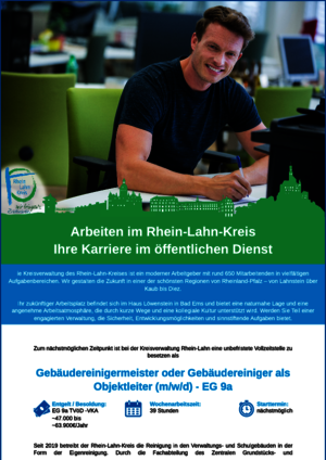 Rhein-Lahn-Kreis sucht Gebäudereinigermeister oder Gebäudereiniger als Objektleiter (m/w/d)