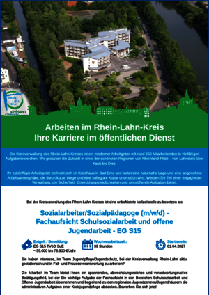 Rhein-Lahn-Kreis sucht Sozialarbeiter/Sozialpädagoge (m/w/d) - Fachaufsicht Schulsozialarbeit und offene Jugendarbeit