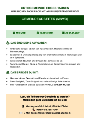 Ortsgemeinde Ergeshausen sucht Gemeindearbeiter*in (m/w/d)