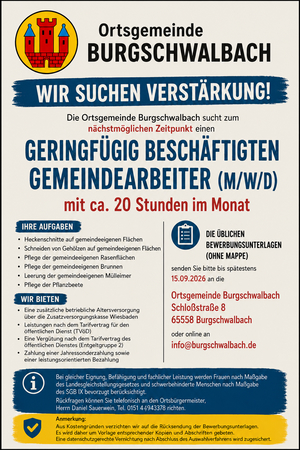 Ortsgemeinde Burgschwalbach sucht geringfügig beschäftigten Gemeindearbeiter (m/w/d)