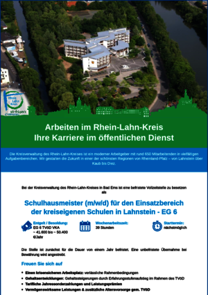Rhein-Lahn-Kreis sucht Schulhausmeister (m/w/d) für den Einsatzbereich der kreiseigenen Schulen in Lahnstein - EG 6