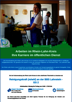 Rhein-Lahn-Kreis sucht Reinigungskraft (m/w/d) an der BBS Lahnstein