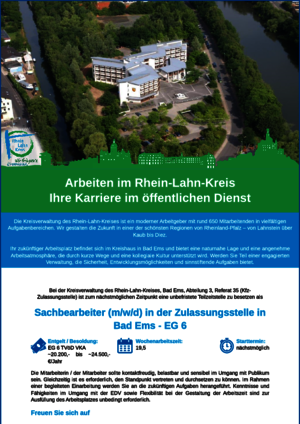 Rhein-Lahn-Kreis sucht Sachbearbeiter (m/w/d) in der Zulassungsstelle in Bad Ems