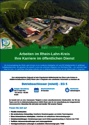 Abfallwirtschaft des Rhein-Lahn-Kreises sucht Betriebsschlosser (m/w/d)