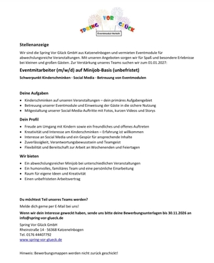 "Spring vor Glück" sucht Eventmitarbeiter (m/w/d) auf Minijob-Basis